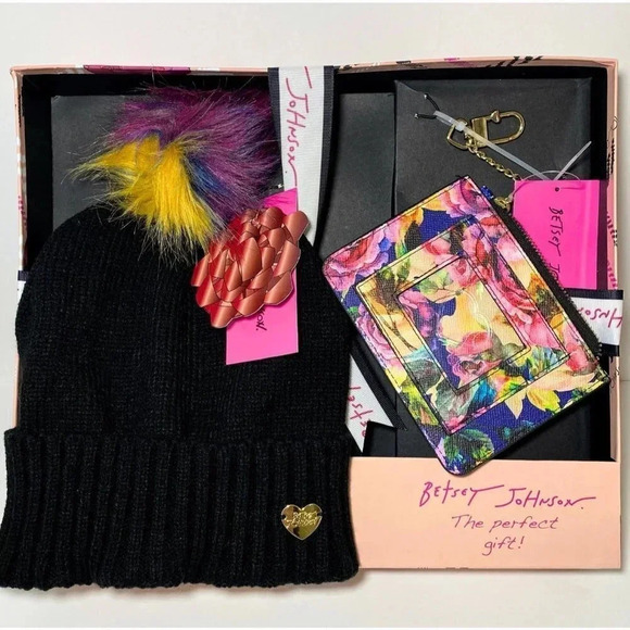 Betsey Johnson Black Hat & Floral Wallet ID Card Case Bag Key Charm Gift Set - Picture 2 of 5